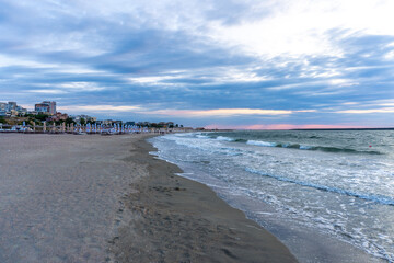 Black Sea Modern Beach on a sunny day with a blue sky,Constanta beach at Black Sea,panoramic view Constanta Romania