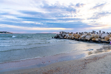 Black Sea Modern Beach on a sunny day with a blue sky,Constanta beach at Black Sea,panoramic view Constanta Romania