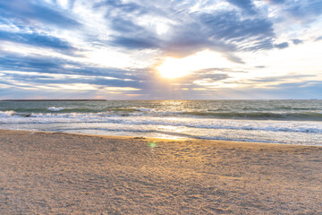 Black Sea Modern Beach on a sunny day with a blue sky,Constanta beach at Black Sea,panoramic view Constanta Romania