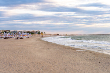 Black Sea Modern Beach on a sunny day with a blue sky,Constanta beach at Black Sea,panoramic view Constanta Romania