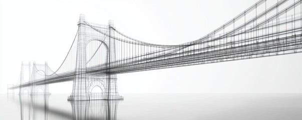 Fototapeta premium A minimalist depiction of a suspension bridge, showcasing intricate lines and symmetry against a foggy background.
