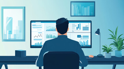 Fototapeta premium Virtual financial meeting, businessman leading a data analysis discussion with colleagues through an online seminar platform