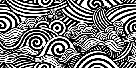 A detailed and intricate black and white illustration of swirling waves