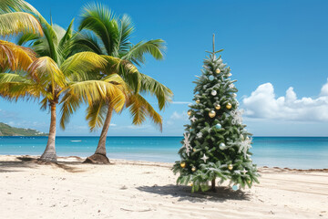 Fototapeta premium AI-generated image. Serene Snowy Landscape with a Decorated Christmas Tree