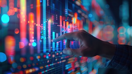 Businessman analyzing a bar graph on a touch screen (focus on, data analysis, vibrant, Overlay, Conference room)