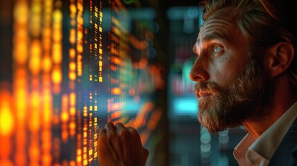 Businessman examining a bar graph on an illuminated screen (focus on, financial review, whimsical, Multilayer, Financial firm)