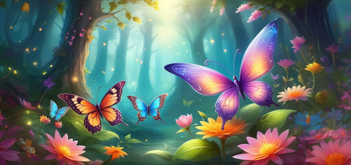Magic forest with flying butterflies.