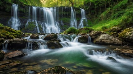 Cascading waterfalls in green setting