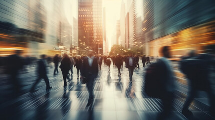 A blurred background of busy city streets with businesspeople walking, representing the fast-paced and dynamic nature of corporate life.