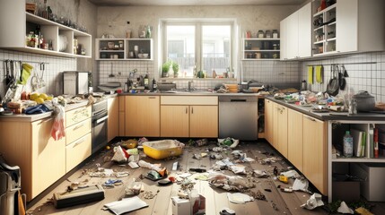 Realistic photo of messy kitchen with cluttered cabinets and trash