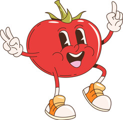 Tomato bbq barbeque cartoon groovy character. Isolated vector ripe tomato vegetable personage with a vibrant red color, lively eyes, and a smiling face, wears sneakers and gloves, giving peace sign