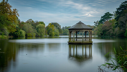 Obraz premium A serene lake with a floating, enchanted gazebo in the middle