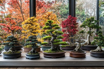 Naklejka premium Vibrant Japanese Bonsai Trees on Display by Window