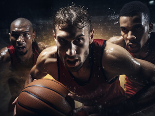 Four basketball players in action on the court