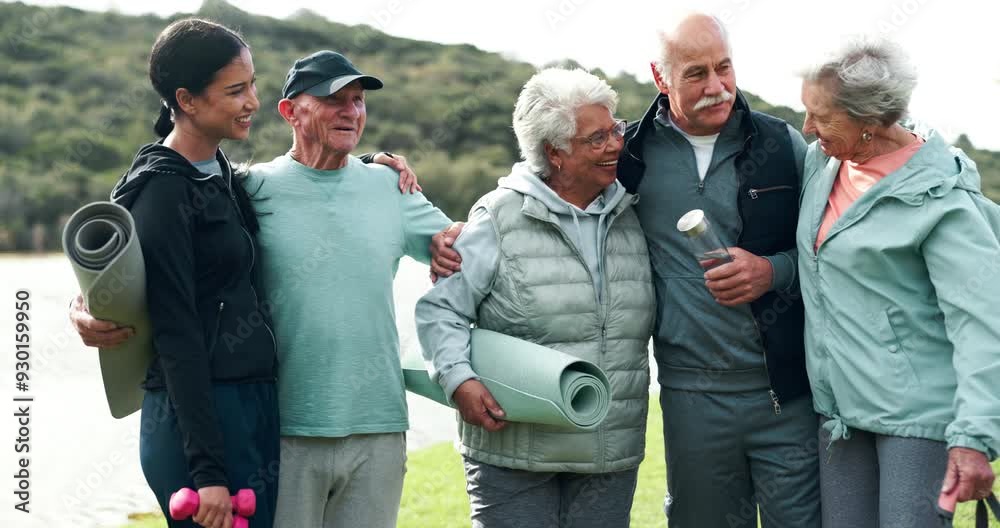 Wall mural Woman, coach and nature with group of senior people in huddle, fitness or walk with exercise mat. Scrum, support and men with hug for solidarity at training, workout and memory for retirement in park