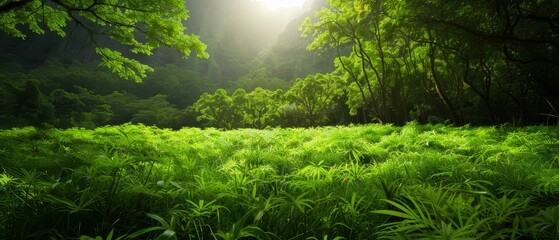 Fototapeta premium The sun illuminates the lush green landscape, filled with tall trees and grasses