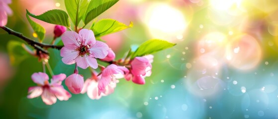  A tight shot of a tree branch adorned with pink blossoms in the foreground, while the background softly fades into blur