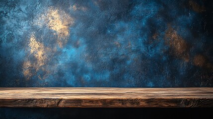 Dark smoky background with a central spotlight on an elegant wooden desk ideal for presenting new