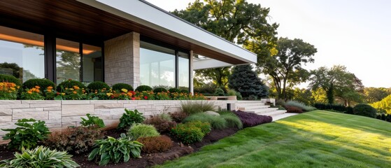  A house adorned with an abundance of flowers before it and expanses of green grass beside it