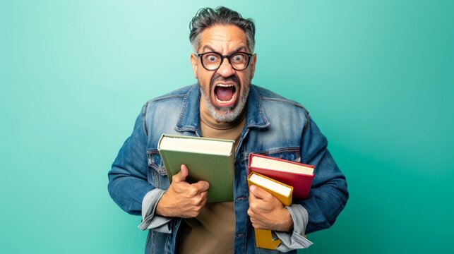 A middle-aged Hispanic man energetically grasps multiple books, expressing excitement against a vibrant backdrop