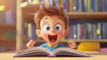 3D cartoon of an excited little child enjoying a storybook at a table