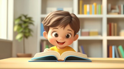3D cartoon of a cute little child happily reading a book at a table