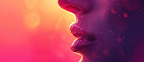  A face, closely framed against pink-yellow and pink-purple backdrops