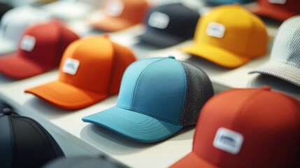 Fototapeta premium A variety of caps in vibrant colors are neatly arranged on a shelf, showcasing different styles and patterns under bright lighting.