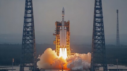Powerful rocket launch illuminates launch pad as it ignites, surrounded by towering support structures against a hazy sky