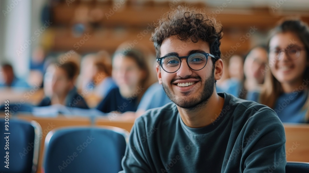 Poster A joyful college student smiles while participating in a discussion during a lecture with peers in a vibrant classroom