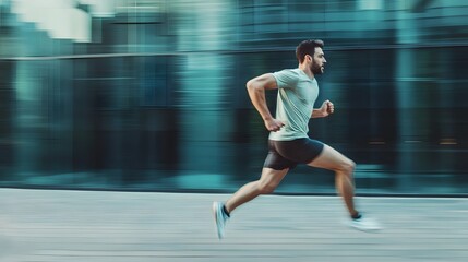 A man runs past a building, his speed blurring the background.