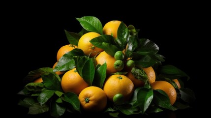 Oranges and Leaves on a Black Background