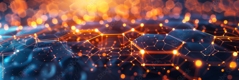 Wall mural abstract background. digital matrix of connected hexagons with orange and blue colors. copy space. t