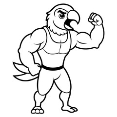 A ferocious angry   parrot  athlete posing line art vector illustration