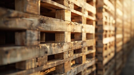 Close-up of neatly stacked wooden pallets (close up, organized storage, realistic, Fusion, Warehouse aisle)