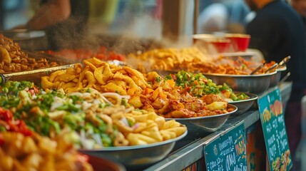 Obraz premium Close-up of a food stall at a music festival, colorful banners and menus, detailed shots of street food being prepared, vibrant and mouth-watering colors, busy and energetic atmosphere, high detail