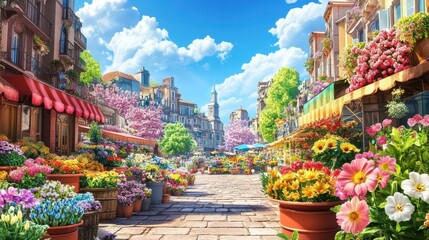 A vibrant floral market scene with colorful flowers and charming buildings under a bright sky.