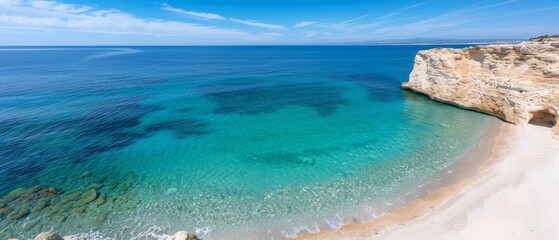  A large body of water lies next to a sandy beach, situated atop a rocky cliff beneath a clear blue sky