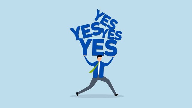 Stop always saying yes, 4k animation of hard working businessman who carried the heavy burden of saying yes, agreed to help with other colleagues.