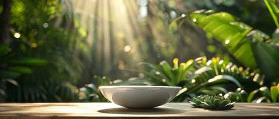  A white bowl atop a wooden table, before a lush green forest teeming with abundant foliage