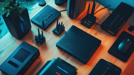 A collection of modern networking equipment, including routers and modems, arranged on a desk with ambient blue lighting highlighting technology for connectivity.