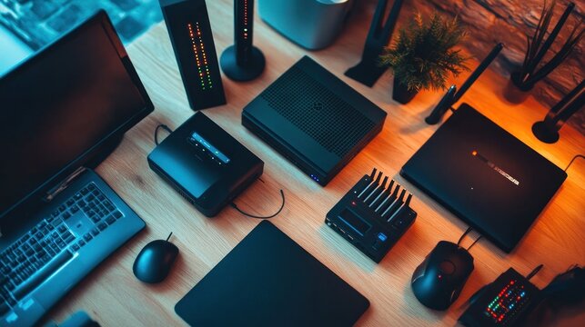 A variety of electronic devices including laptops, a gaming console, router, external hard drives, and peripherals on a wooden desk with ambient lighting.
