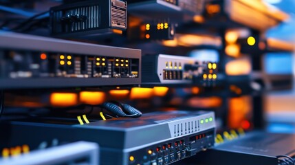 Naklejka premium Rack-mounted professional audio and network equipment with LED indicators on, signifying active operation within a data center or studio environment.
