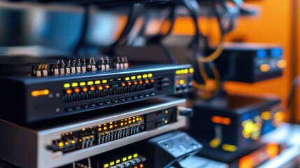 Naklejka premium Rack of audio equipment with various knobs and LED level meters, likely used for sound engineering in a studio or live performance context.