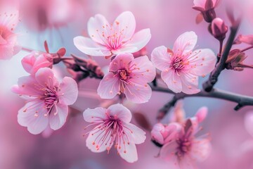 Naklejka premium A close-up of cherry blossoms on a tree branch, with soft pink petals and a blurred background of more blossoms.