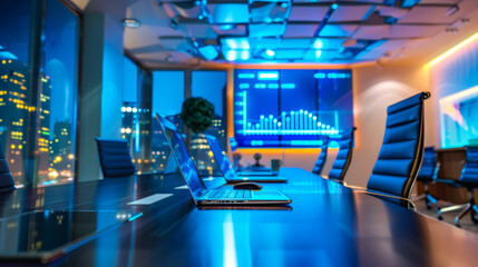 Modern technological office interior with modern computers and screens in neon blue background. Technology concept.