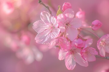 A close-up of cherry blossoms on a tree branch, with soft pink petals and a blurred background of more blossoms.