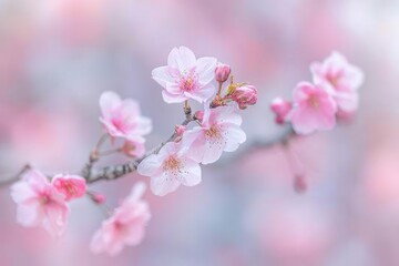 Fototapeta premium A close-up of cherry blossoms on a tree branch, with soft pink petals and a blurred background of more blossoms.