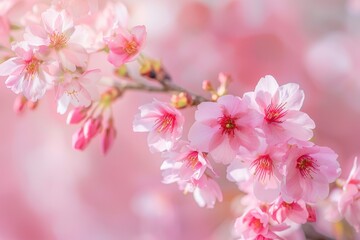 Obraz premium A close-up of cherry blossoms on a tree branch, with soft pink petals and a blurred background of more blossoms.