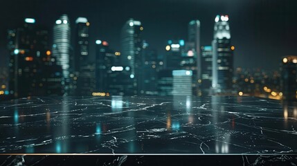 luxurious black marble table surface reflecting city lights set against a shadowy urban backdrop